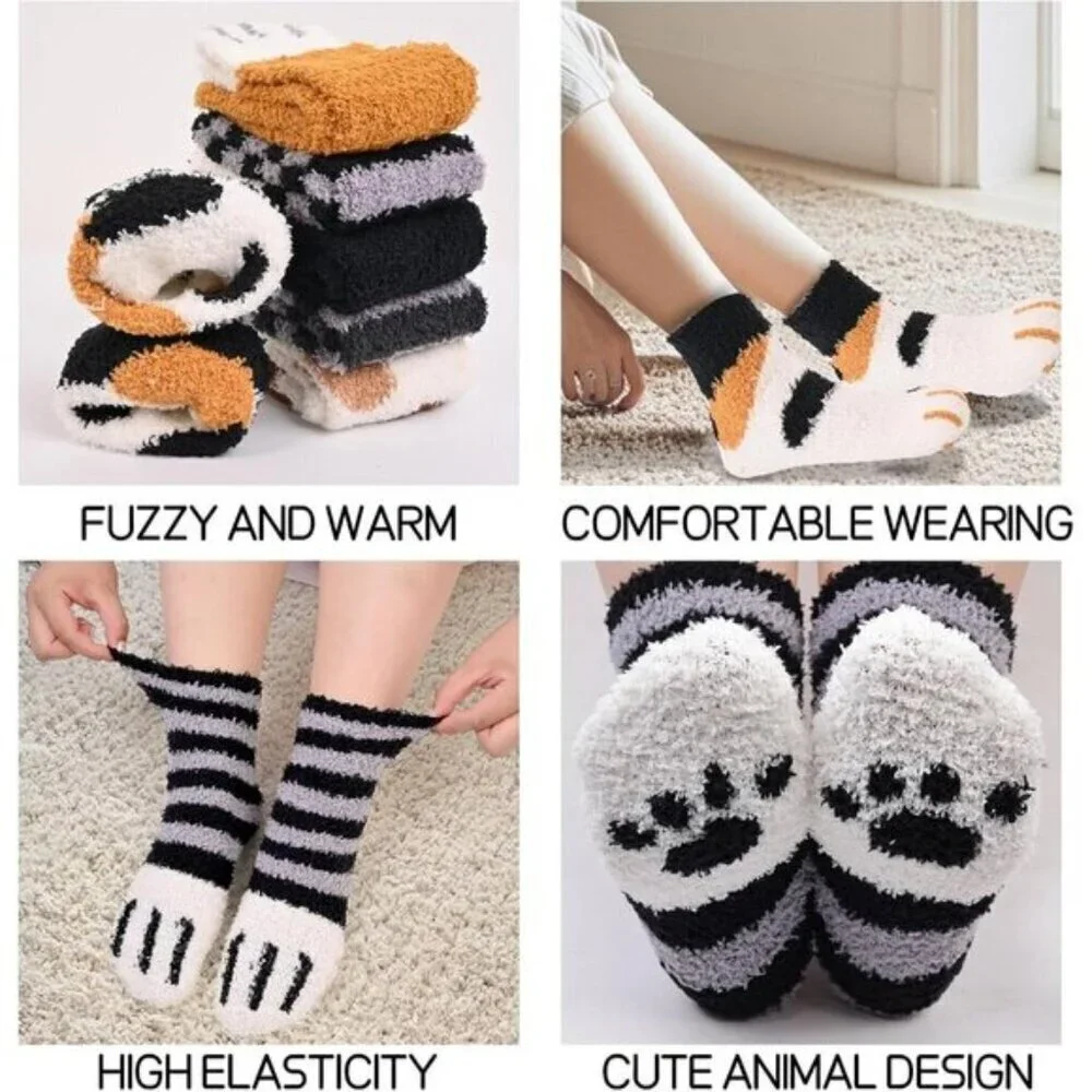 Women’s Fuzzy Cat Paw Socks – Cozy, Fluffy, & Warm Slipper Socks (5/6 Pairs)